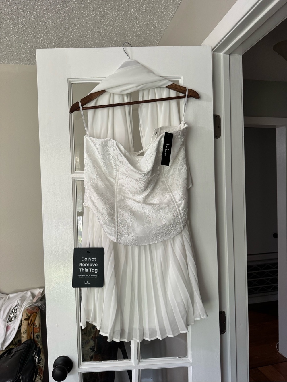 Lulu's White Strapless Embroidered Pleated Mini Dress with Scarf - Picture 4 of 6
